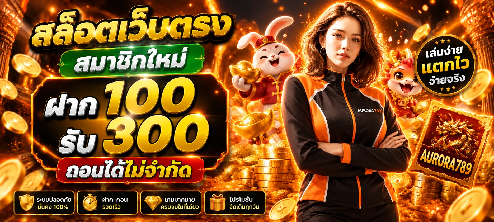 แบนเนอร์สมัครสมาชิก AURORA789 โทนส้มดำพร้อมตัวละครเกม
